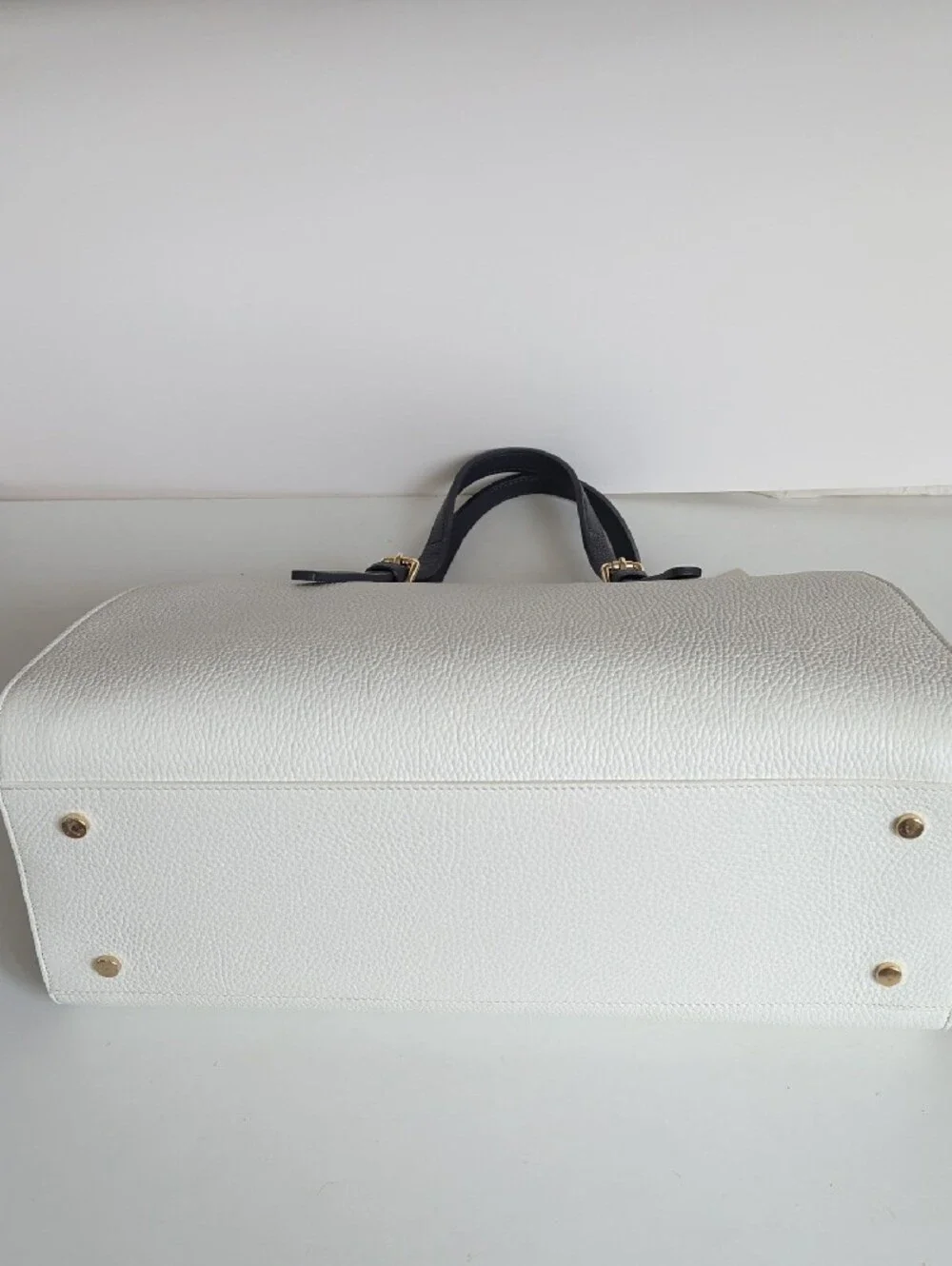 White Pebbled Satchel with Navy Trim by Vuchella